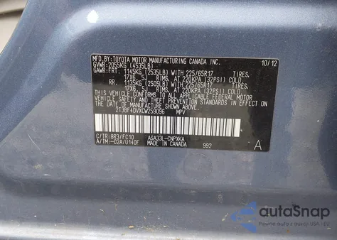 2012 Toyota Rav4 from USA, damaged, VIN 2T3BF4DVXCW259096